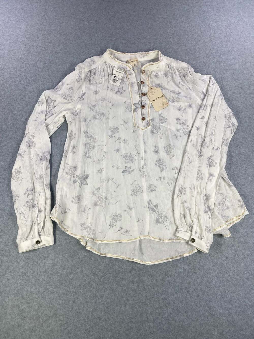 Hem & Thread Women's Long Sleeve Floral Print Button-Down Blouse in White